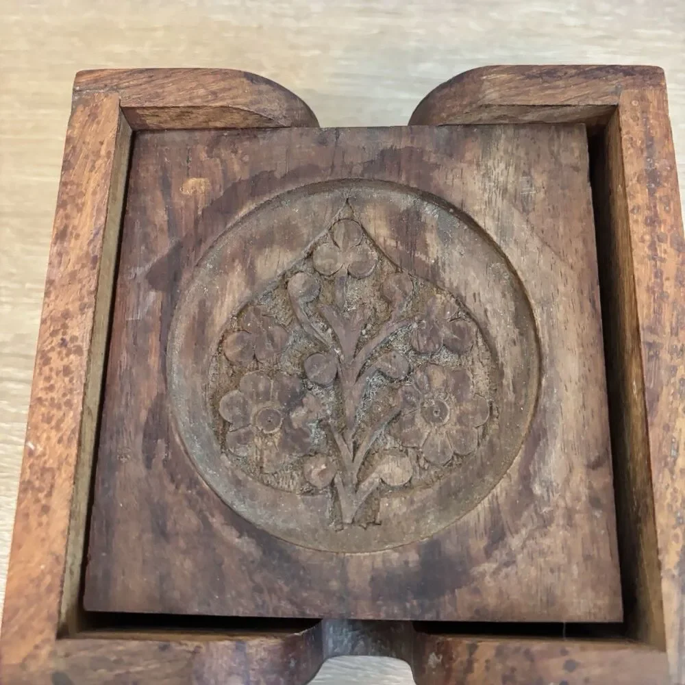Vintage Hand Carved Wood Coaster Set Caddy Floral Leaf Indian Wooden Drink Mat